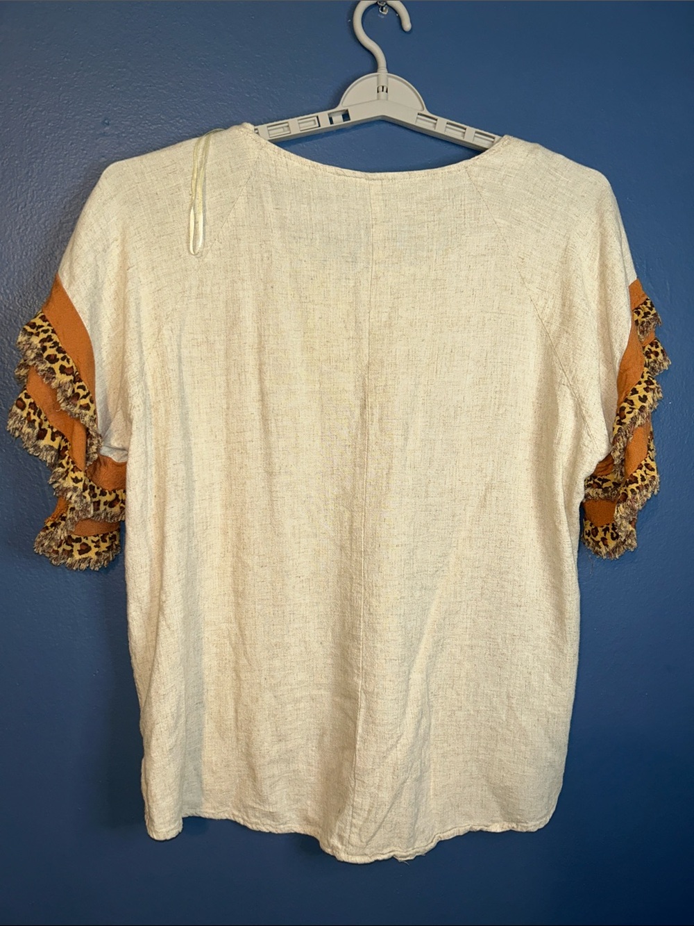Umgee+ USA Cream Short-Sleeve Top Linen Blend Leopard-Trim Ruffles Boho - Picture 5 of 6